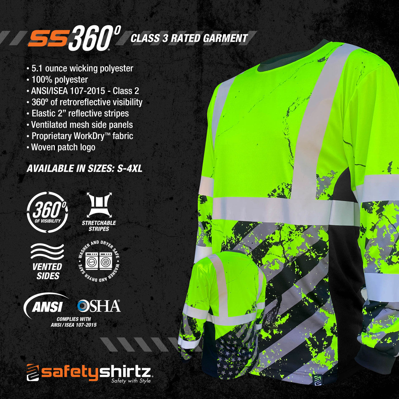 SS360º American Grit - Yellow - Class 3 - Type-R - UPF 40 - Reflective Long Sleeve Safety Shirt - Product Features