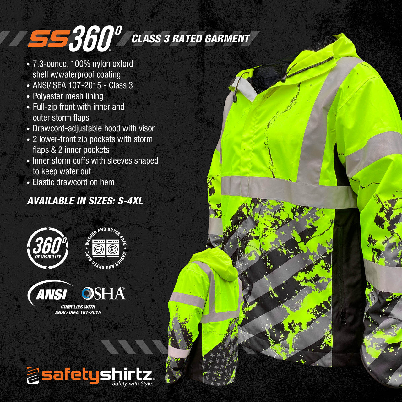 SS360º American Grit - Yellow - Class 3 - Type-R - Reflective Waterproof Safety Rain Jacket - Product Features