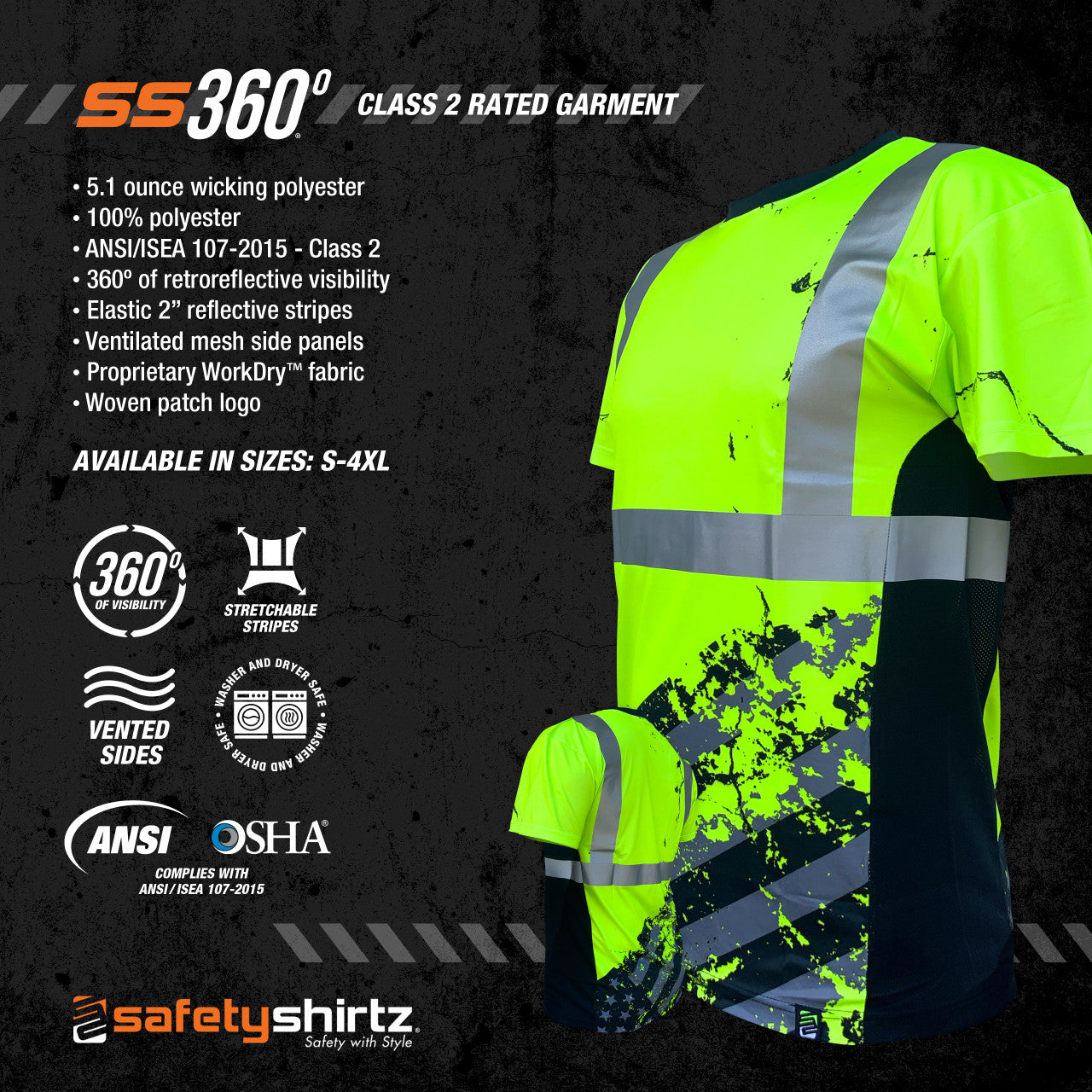 SS360º American Grit - Yellow - Class 2 - Type-R - UPF 40 - Reflective Safety Shirt - Product Features