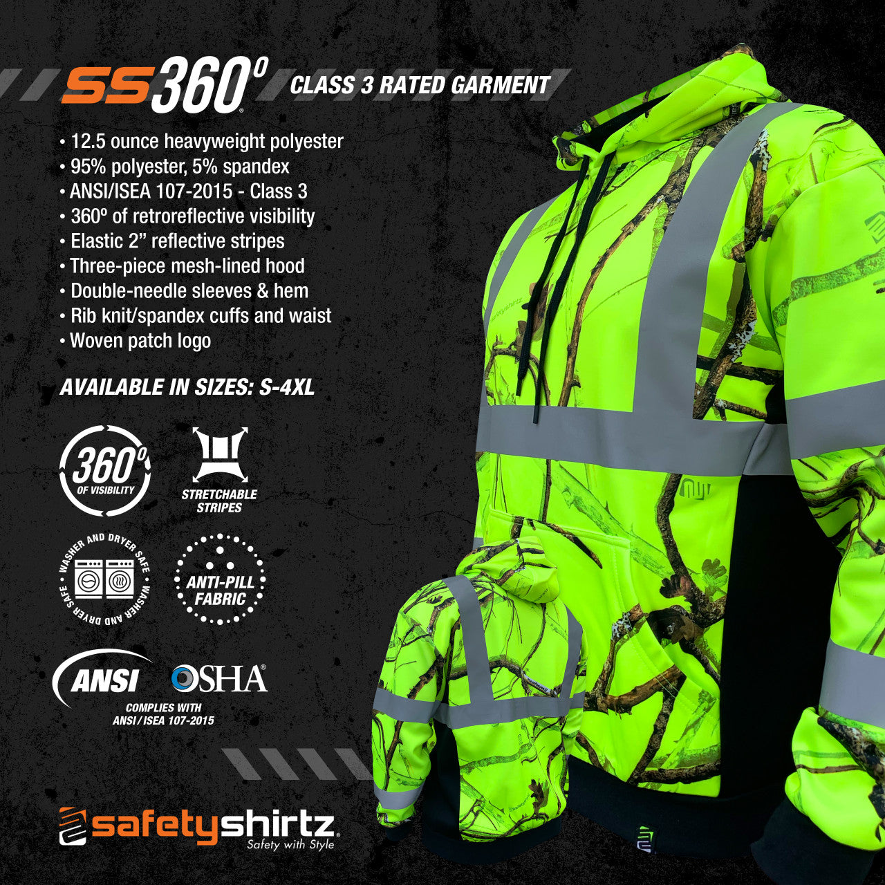 SS360° Backwoods Camo - Yellow (Safety Green) - Class 3 - Type-R - Reflective Safety Hoodie - Product Features