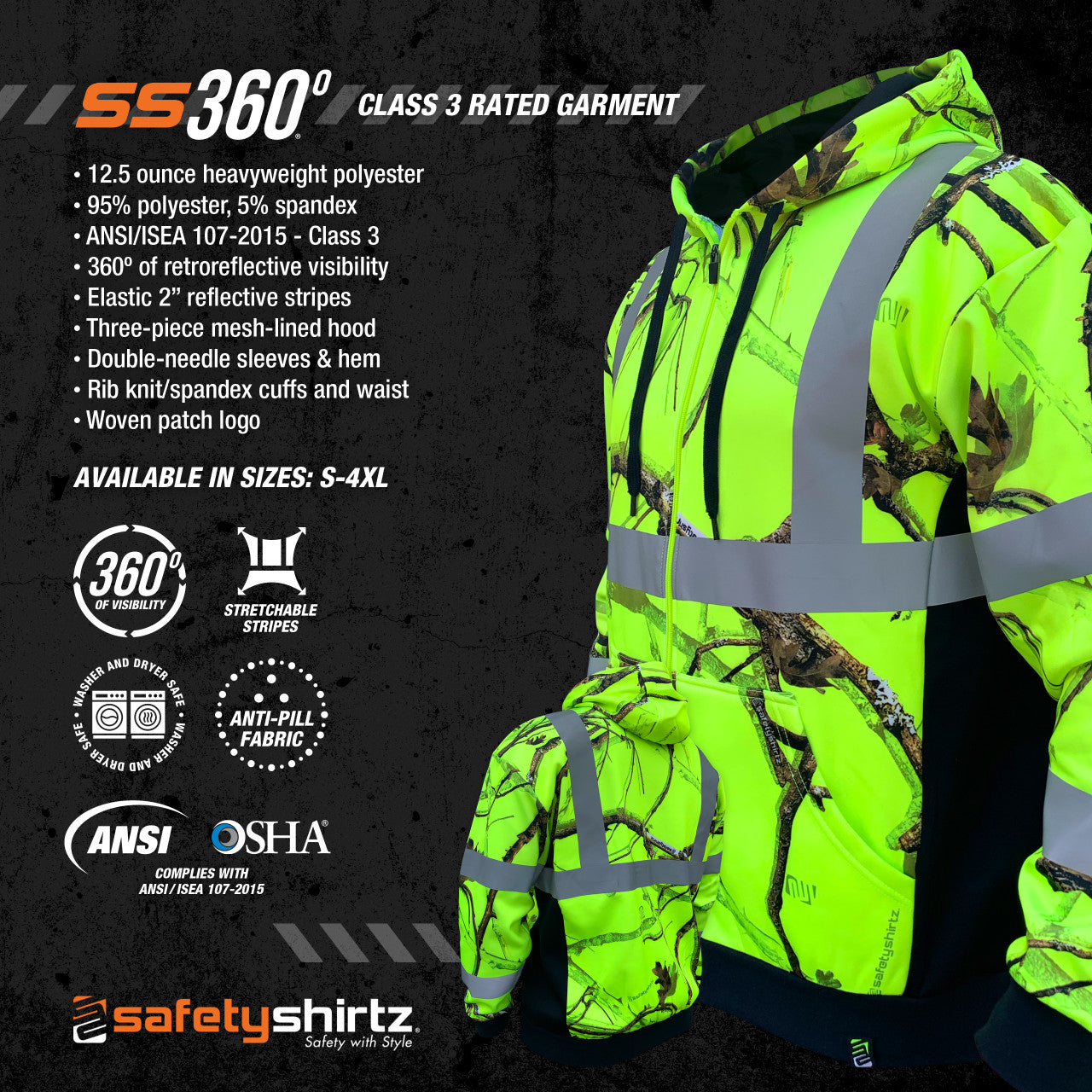SS360° Backwoods Camo Zip-Up - Yellow - Class 3 - Type-R - Reflective Safety Hoodie - Product Features