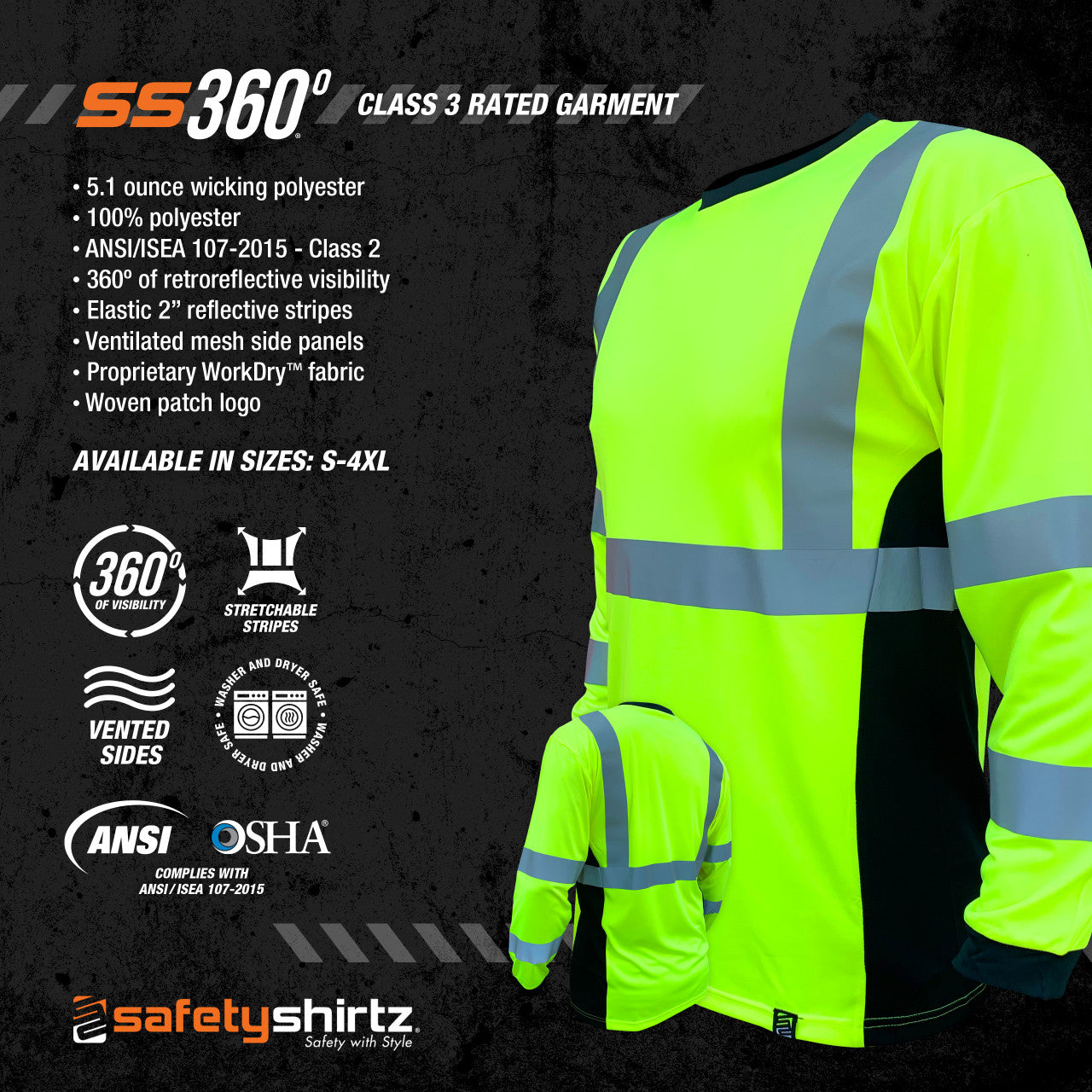 SS360º Basic - Yellow - Long Sleeve Class 3 - Type-R - UPF 40 - Reflective Safety Tee - Product Features