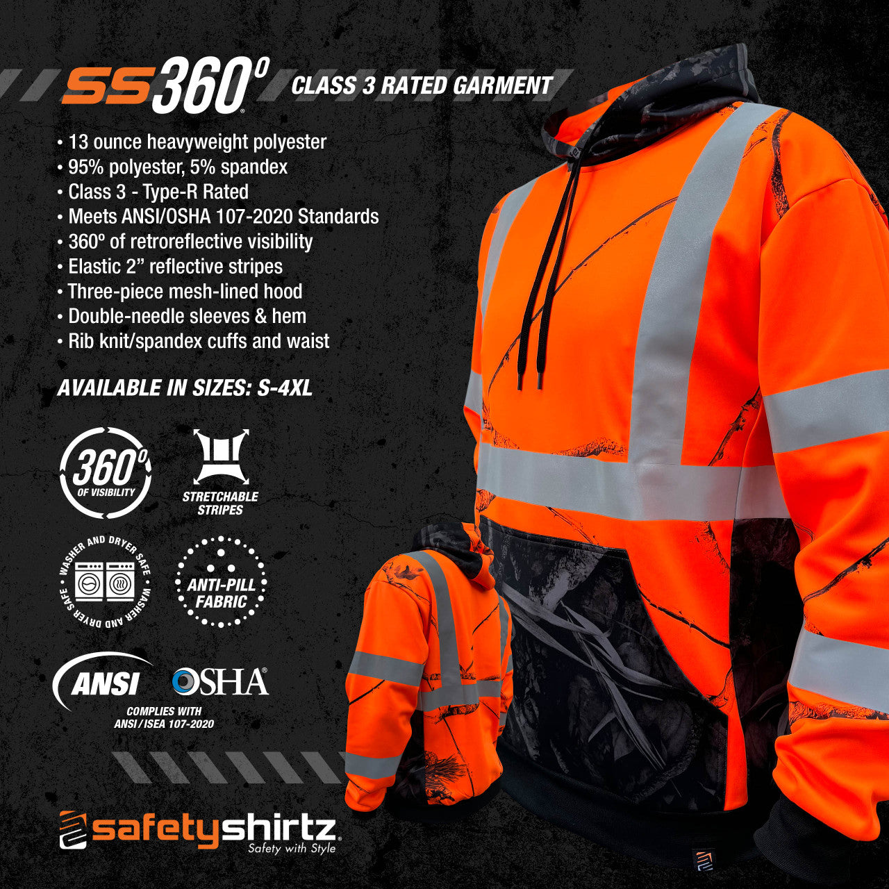 SS360º Daybreak Camo - Orange - Class 3 - Type-R - Reflective Safety Hoodie