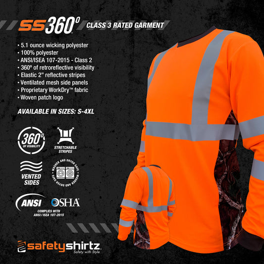 SS360º Deepwoods Camo Long Sleeve - Orange - Class 3 - Type-R - UPF 40 - Reflective Safety Shirt - Product Features