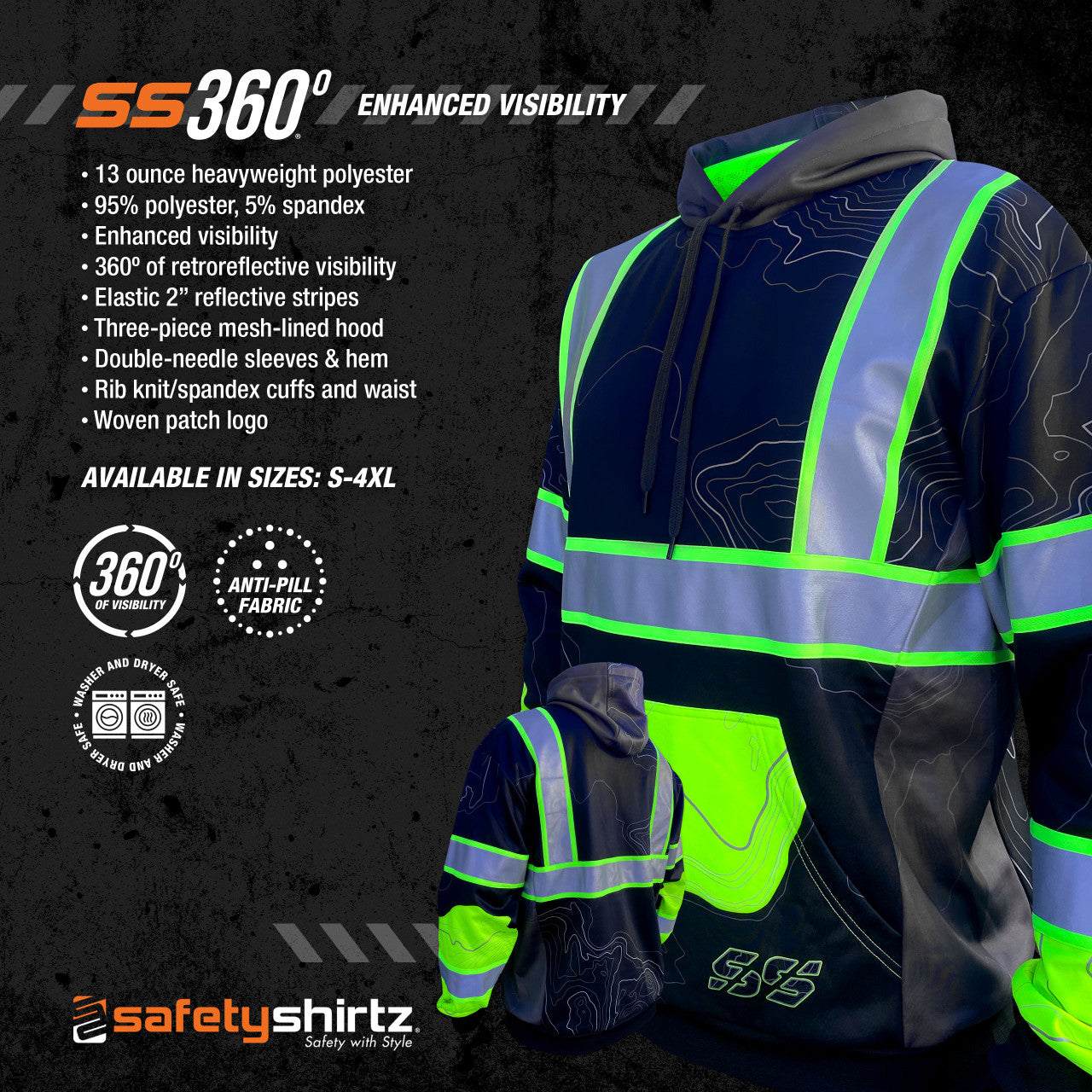 SS360º Stealth Topo - Black - Type-O - Enhanced Visibility - Reflective Safety Hoodie - Product Features