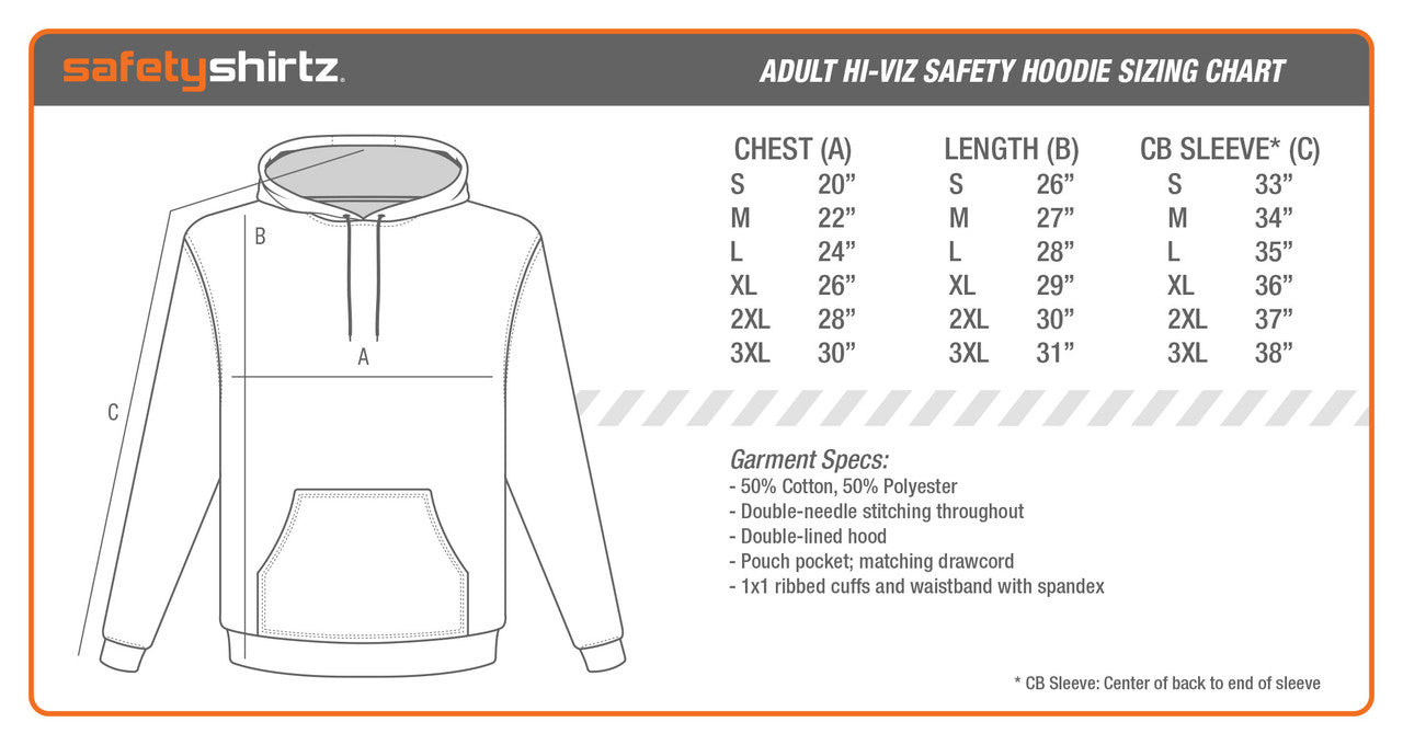 Oregon Safety Hoodie size chart