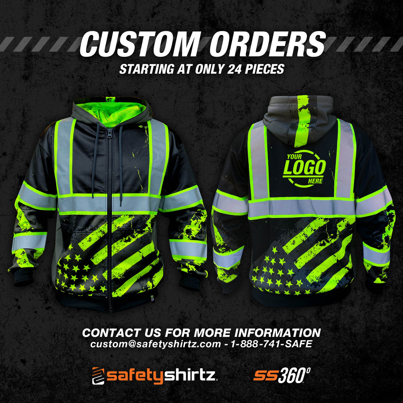SS360º Stealth American Grit Zip-Up - Black - Type-O Reflective Safety Hoodie - Custom Orders