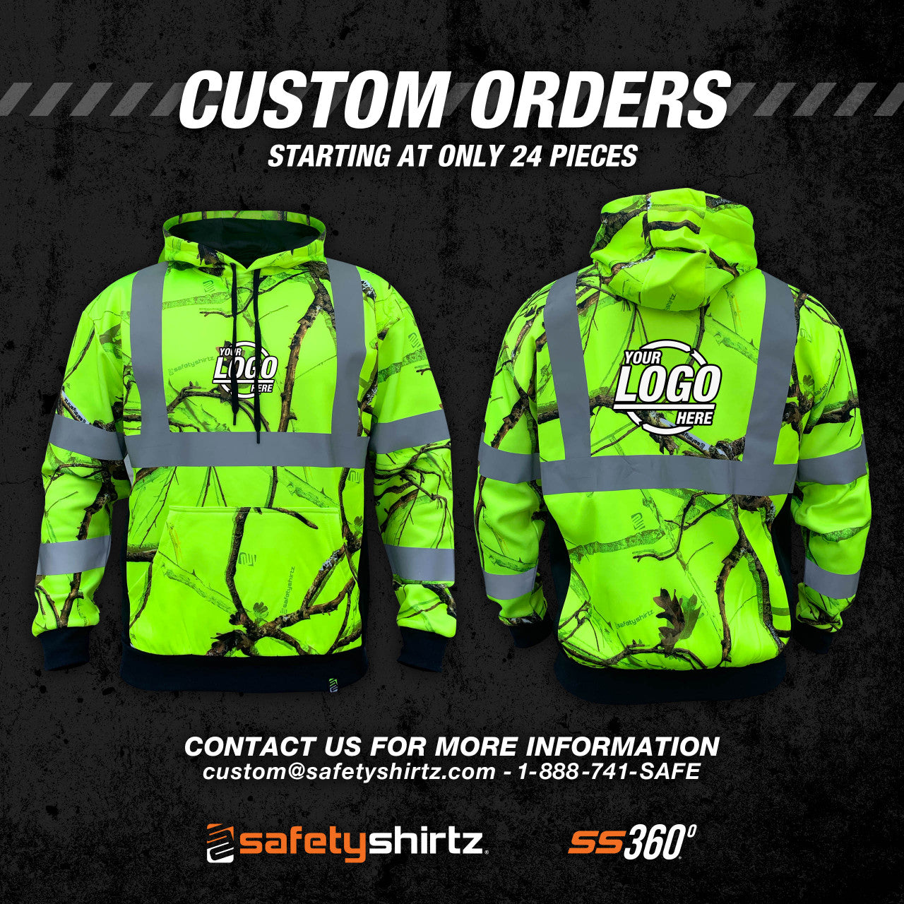 SS360° Backwoods Camo - Yellow (Safety Green) - Class 3 - Type-R - Reflective Safety Hoodie - Custom Orders