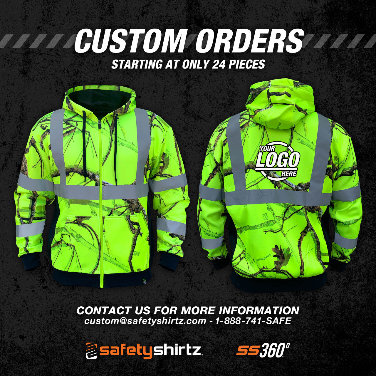 SS360° Backwoods Camo Zip-Up - Yellow - Class 3 - Type-R - Reflective Safety Hoodie - Custom Orders
