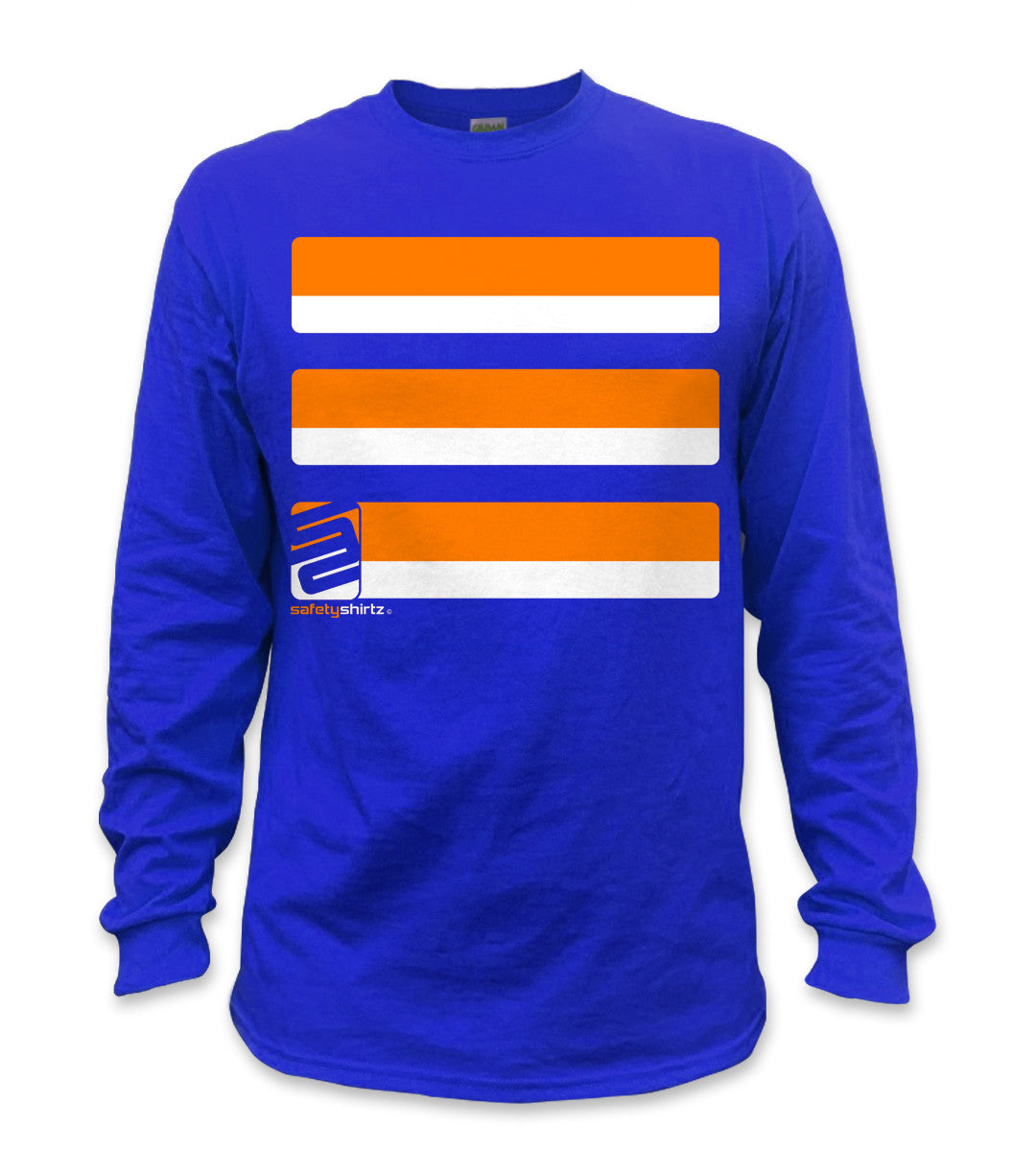 Basic Long Sleeve Hi-Vis Safety Stripe Tee - Neon Orange/Royal Blue