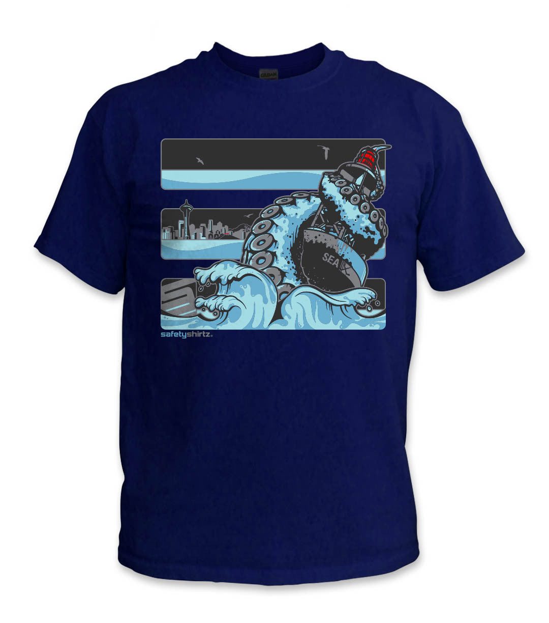YOUTH Seattle Ice Hi-Vis Safety Stripe Tee - Sea Blue/Black Reflective/Navy Blue