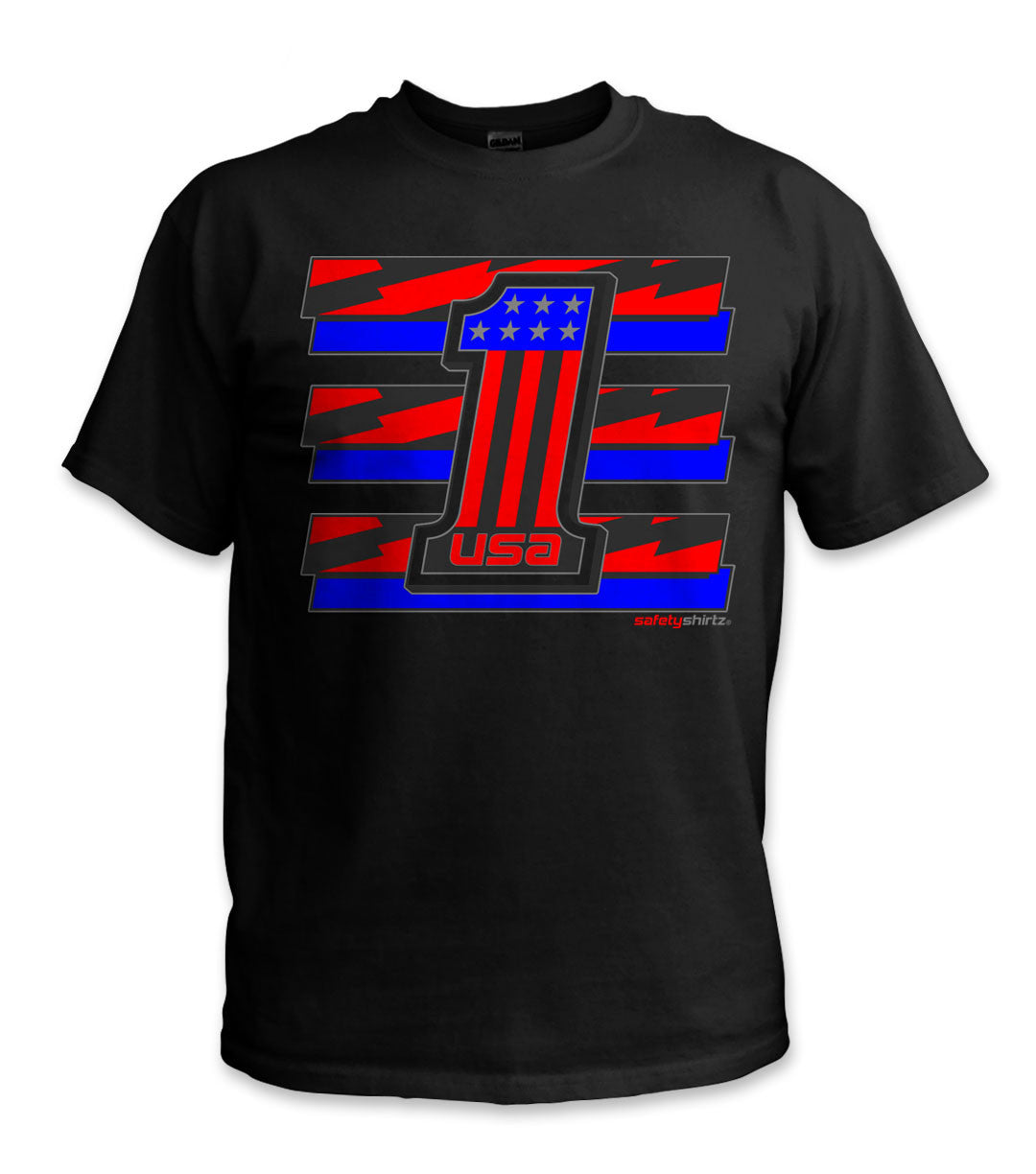 USA 1 Hi-Vis Safety Stripe Tee - Neon Red/Bright Blue/Black Reflective/Black