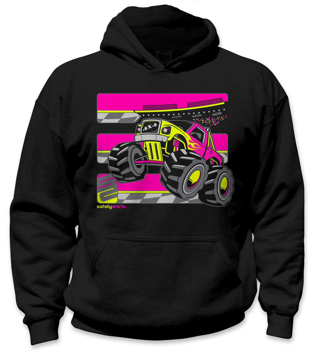 YOUTH Monster Truck Hi-Vis Safety Stripe Hoodie - Neon Pink/Neon Yellow/Black