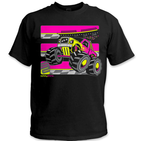 YOUTH Monster Truck Hi-Vis Safety Stripe Tee - Neon Pink/Neon Yellow/Black