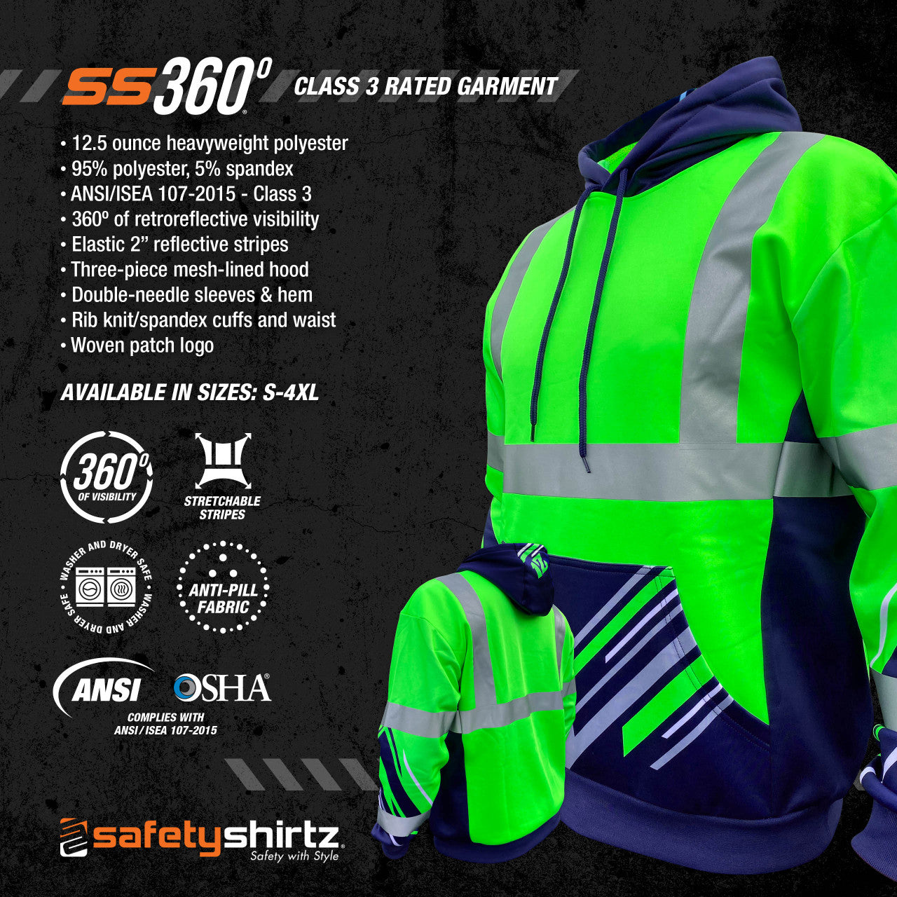 SS360º 12 Seattle - Green - Class 3 - Type-R - Reflective Safety Hoodie - Product Features