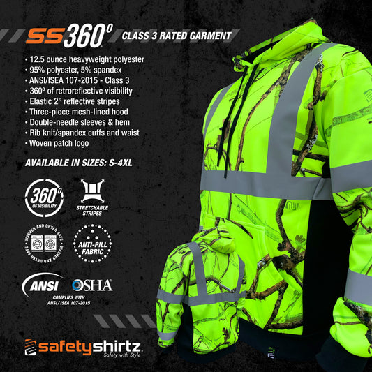 SS360° Backwoods Camo - Yellow (Safety Green) - Class 3 - Type-R - Reflective Safety Hoodie - Product Features