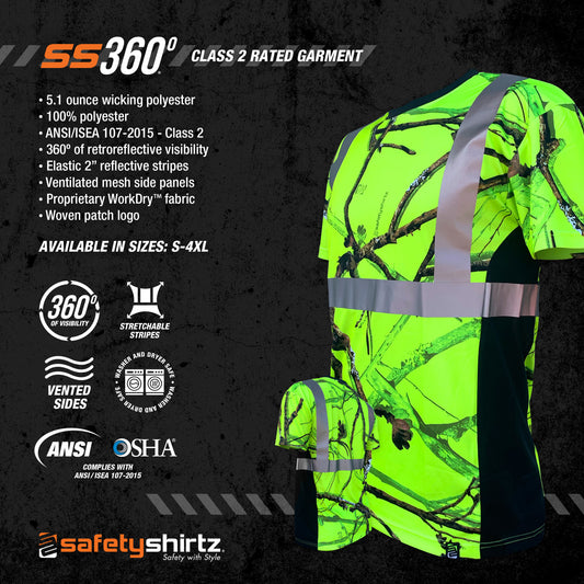 SS360° Backwoods Camo - Yellow (Safety Green) - Class 2 - Type-R - UPF 40 - Reflective Safety Shirt - Product Features