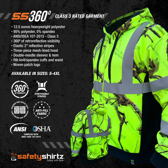 SS360° Backwoods Camo Zip-Up - Yellow - Class 3 - Type-R - Reflective Safety Hoodie - Product Features