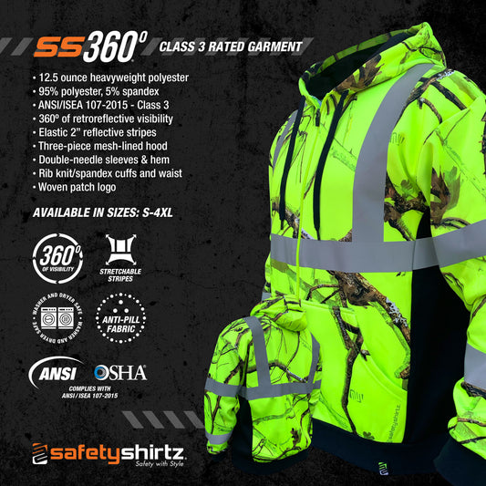 SS360° Backwoods Camo Zip-Up - Yellow - Class 3 - Type-R - Reflective Safety Hoodie - Product Features