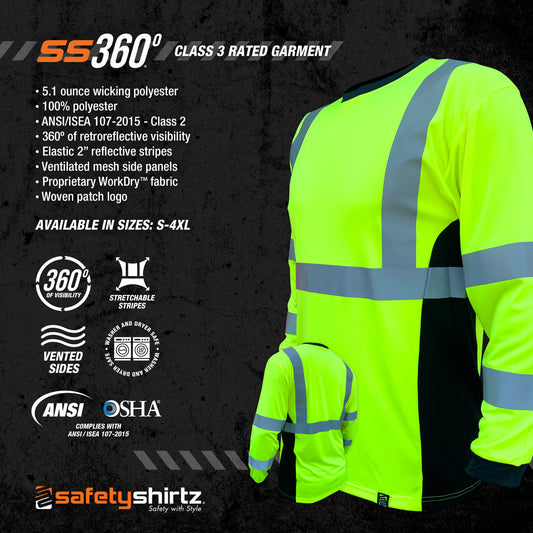 SS360º Basic - Yellow - Long Sleeve Class 3 - Type-R - UPF 40 - Reflective Safety Tee - Product Features