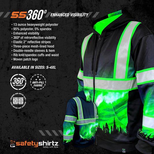 SS360º Northern Lights Zip-Up - Black - Enhanced Visibility - Reflective Safety Hoodie
