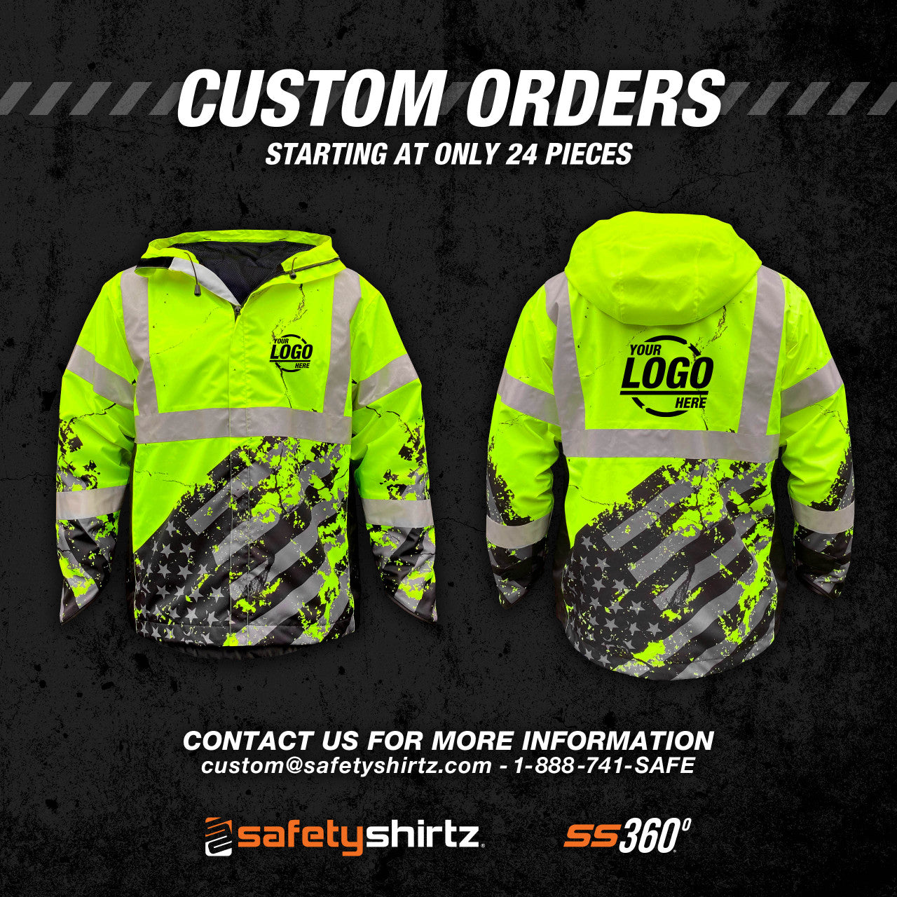 SS360º American Grit - Yellow - Class 3 - Type-R - Reflective Waterproof Safety Rain Jacket - Custom Orders
