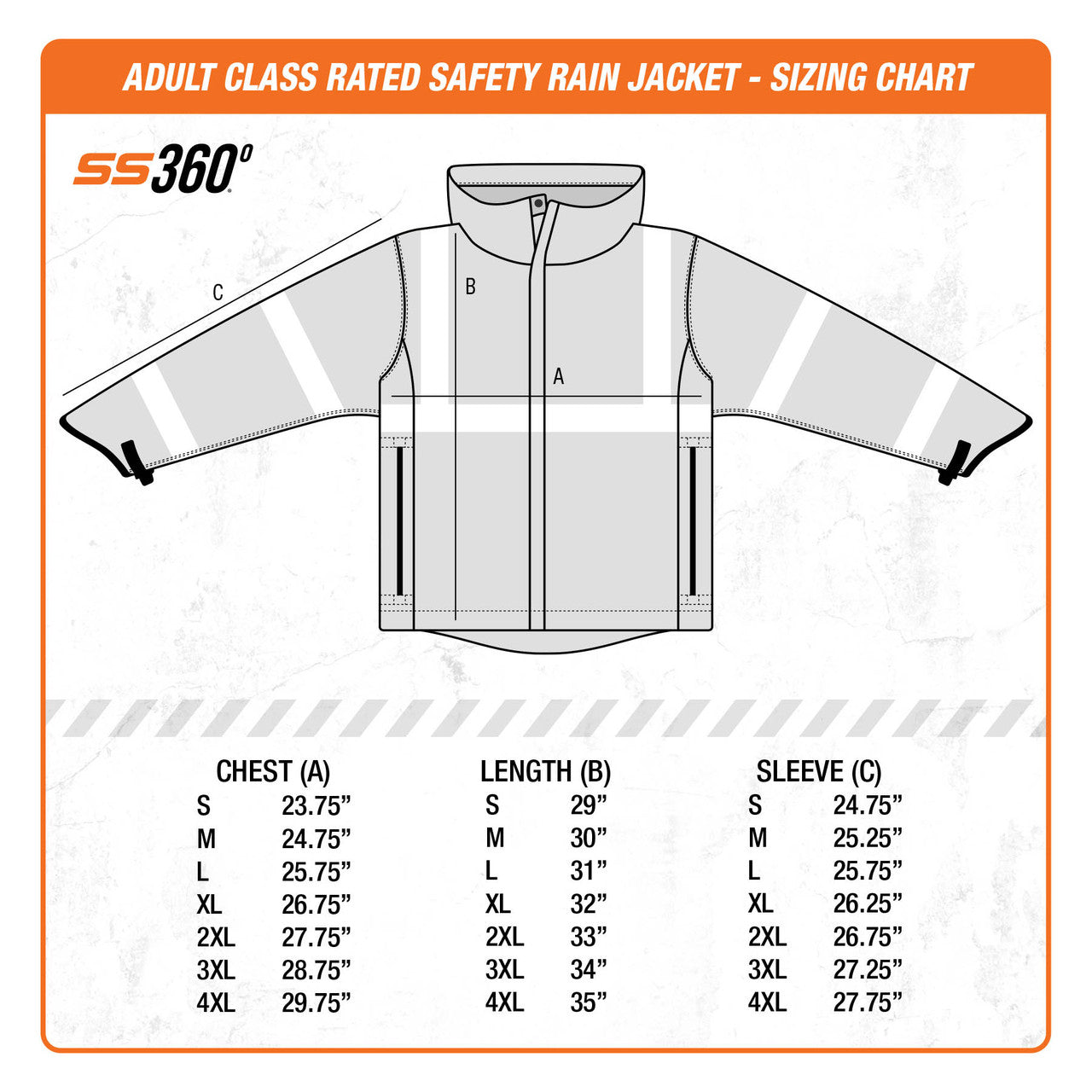 SS360º Waterproof Safety Rain Jacket - Size Chart