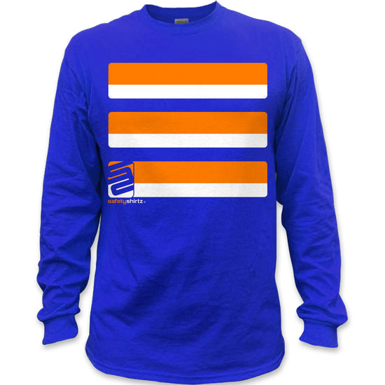Basic Long Sleeve Hi-Vis Safety Stripe Tee - Neon Orange/Royal Blue