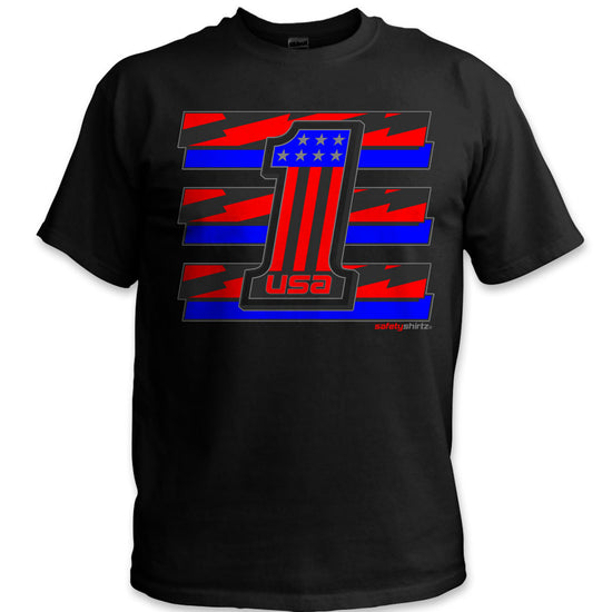 USA 1 Hi-Vis Safety Stripe Tee - Neon Red/Bright Blue/Black Reflective/Black