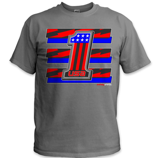 USA 1 Hi-Vis Safety Stripe Tee - Neon Red/Bright Blue/Black Reflective/Charcoal Gray