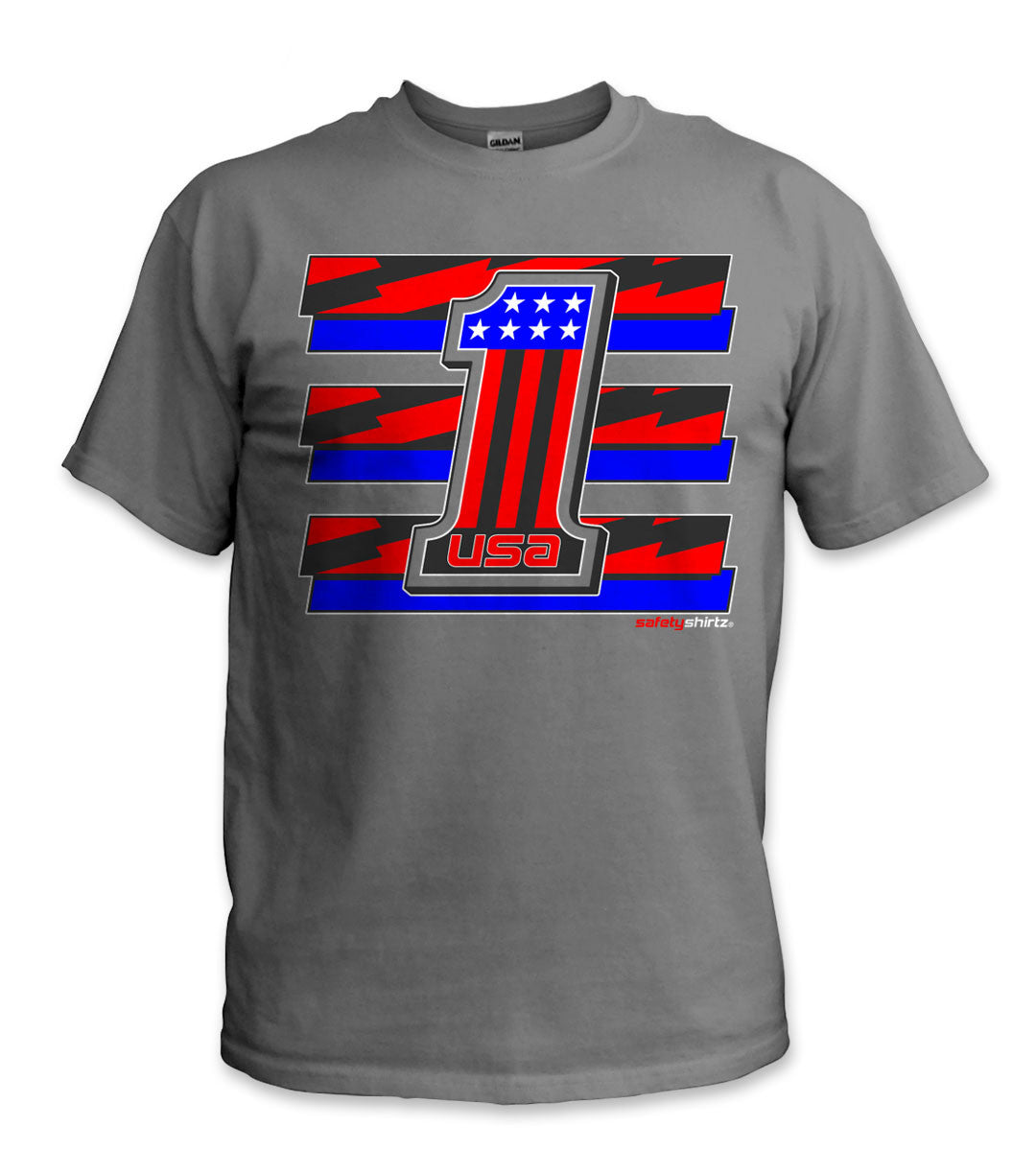 USA 1 Hi-Vis Safety Stripe Tee - Neon Red/Bright Blue/Black Reflective/Charcoal Gray