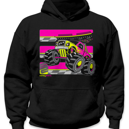 YOUTH Monster Truck Hi-Vis Safety Stripe Hoodie - Neon Pink/Neon Yellow/Black