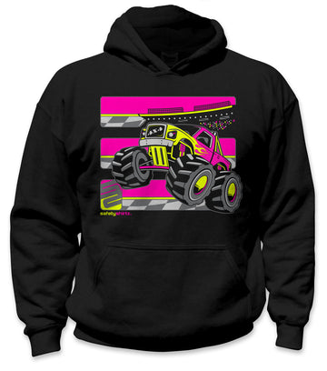 YOUTH Monster Truck Hi-Vis Safety Stripe Hoodie - Neon Pink/Neon Yellow/Black