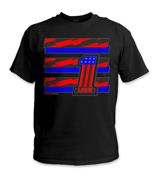 YOUTH USA-1 Hi-Vis Safety Stripe Tee - Neon Red/Bright Blue/Black Reflective/Black